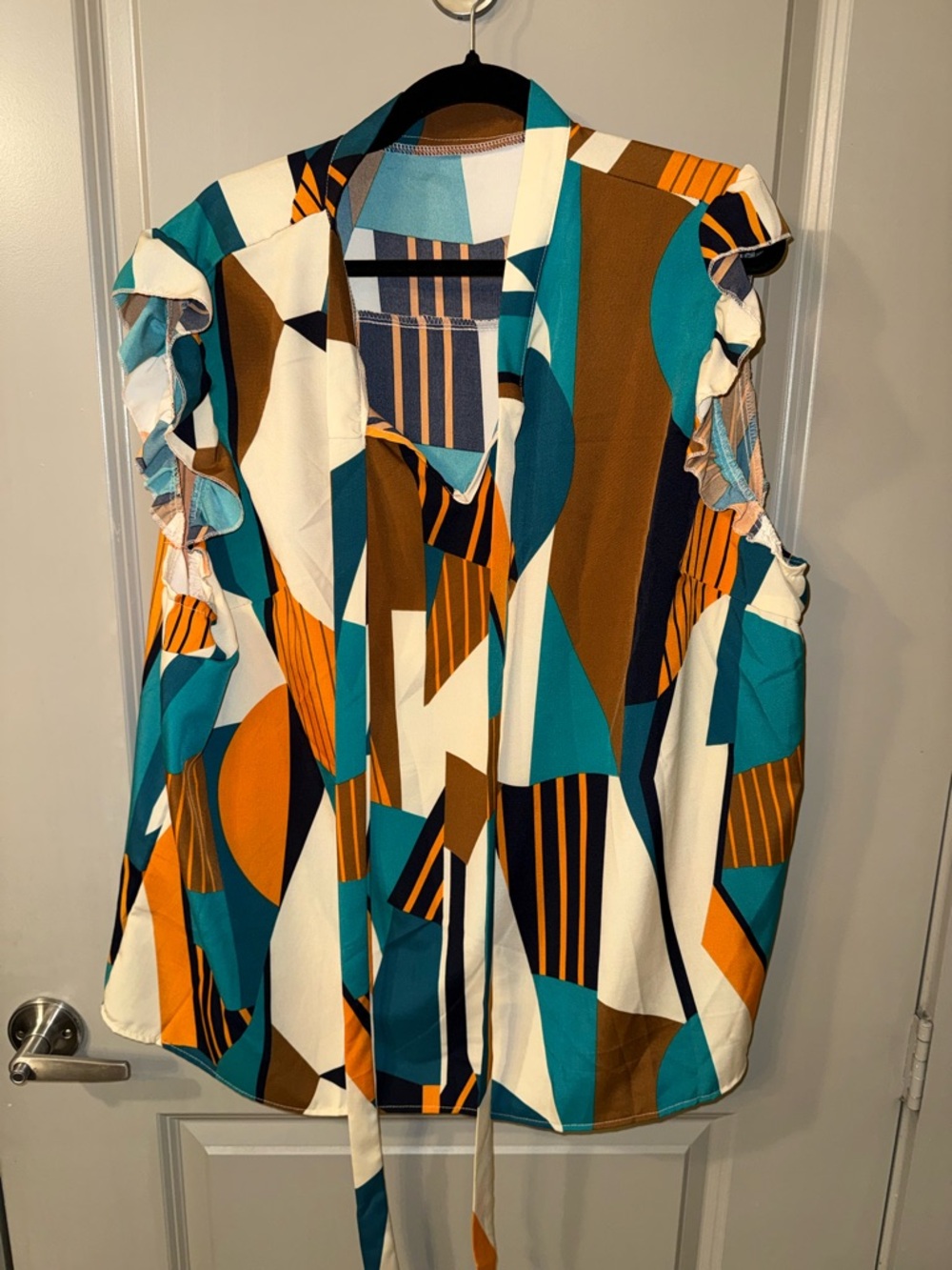 SHEIN Teal, Orange & Brown Geometric Tie-Front Ruffle Sleeve Blouse - 3XL